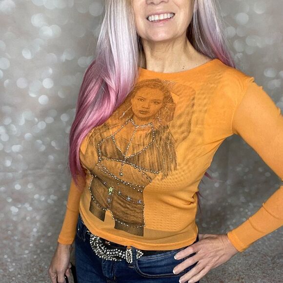 Long Sleeve Orange Mesh Embellished Top - Picture 2 of 15